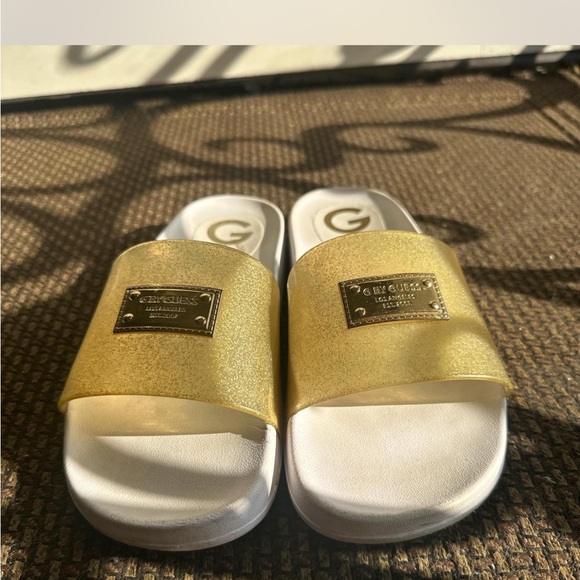 Guess Gold and White Slide Sandals - Picture 1 of 4